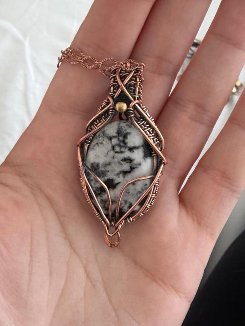 Hand Crafted Copper Wire-Wrapped Black and White Jasper Necklace